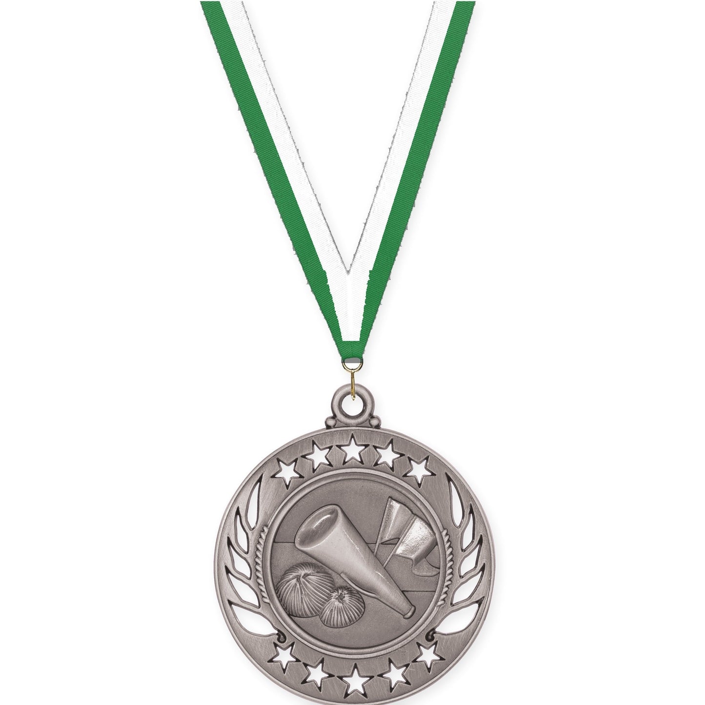 2 1/4 inch cheerleading Galaxy medal in antique silver with Green White neck ribbon