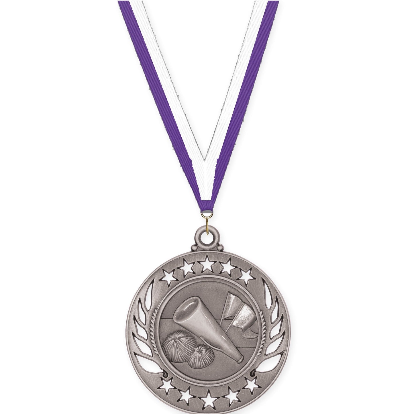 2 1/4 inch cheerleading Galaxy medal in antique silver with Purple White neck ribbon