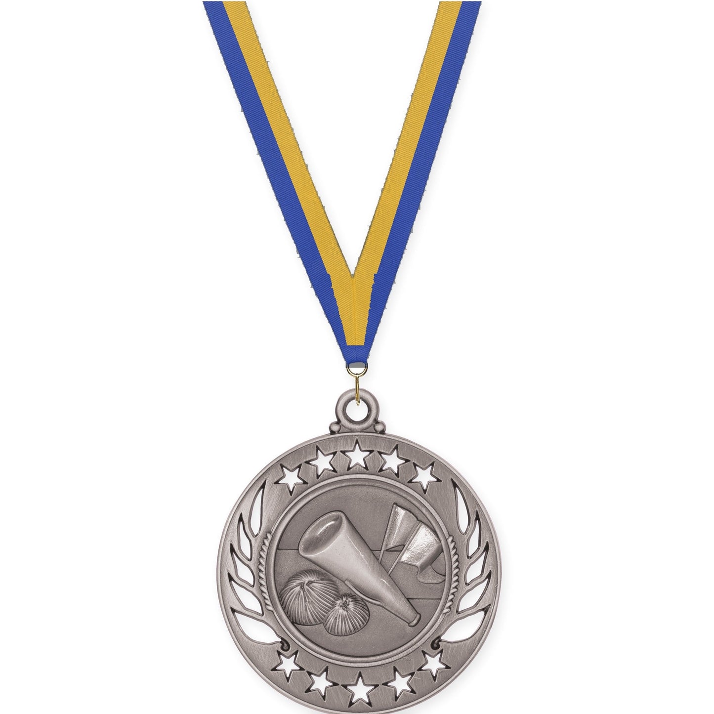 2 1/4 inch cheerleading Galaxy medal in antique silver with Blue Gold neck ribbon