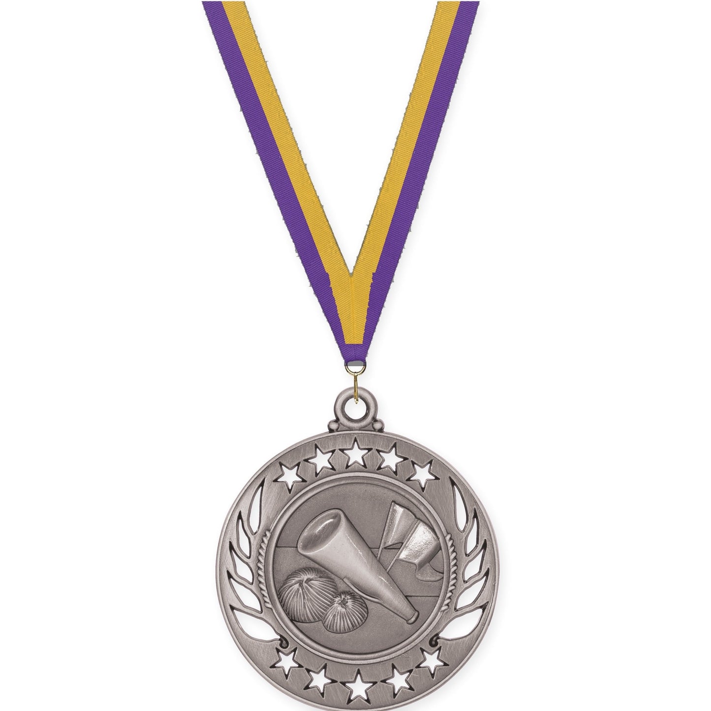2 1/4 inch cheerleading Galaxy medal in antique silver with Purple Gold neck ribbon