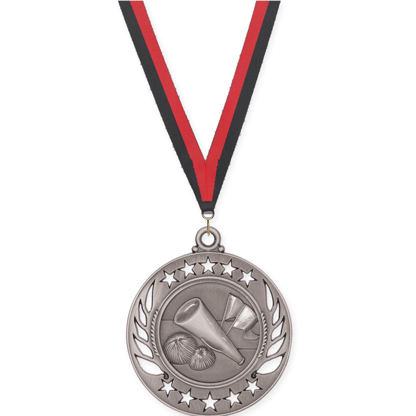 2 1/4 inch cheerleading Galaxy medal in antique silver with Black Red neck ribbon