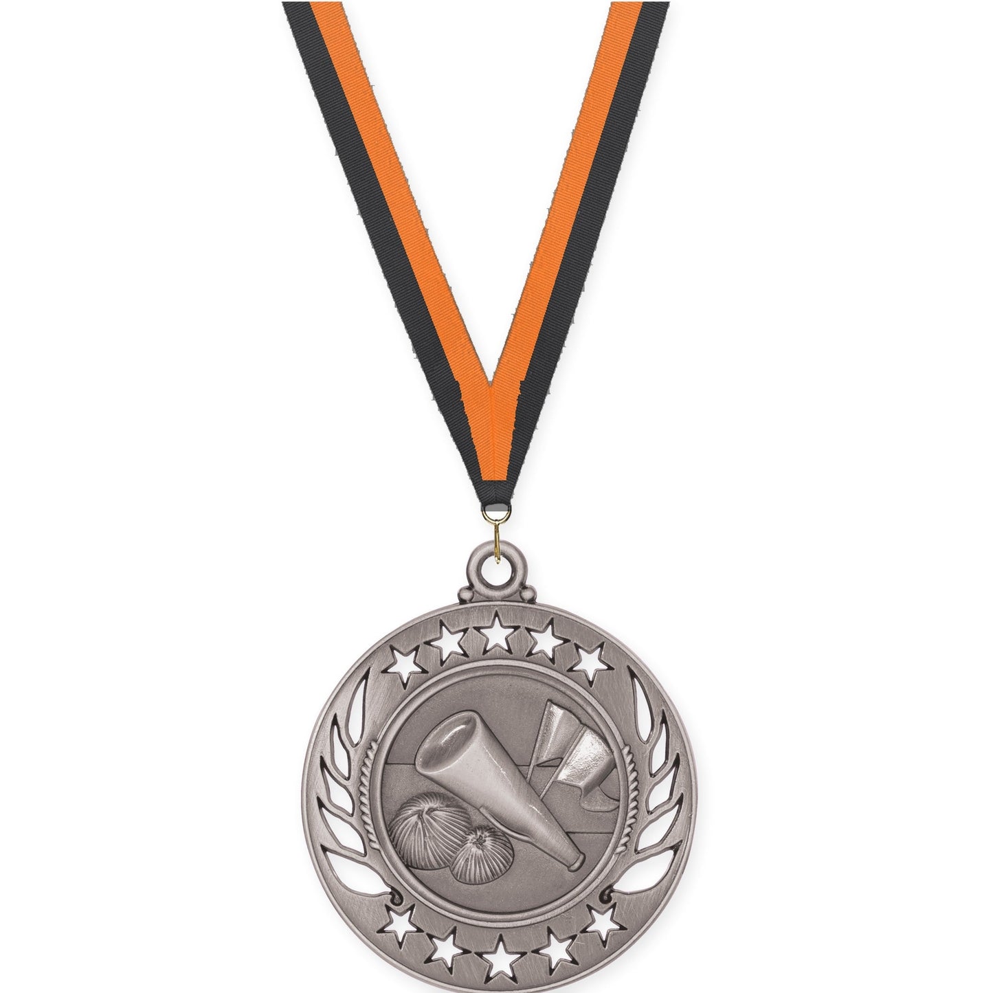 2 1/4 inch cheerleading Galaxy medal in antique silver with Black Orange neck ribbon