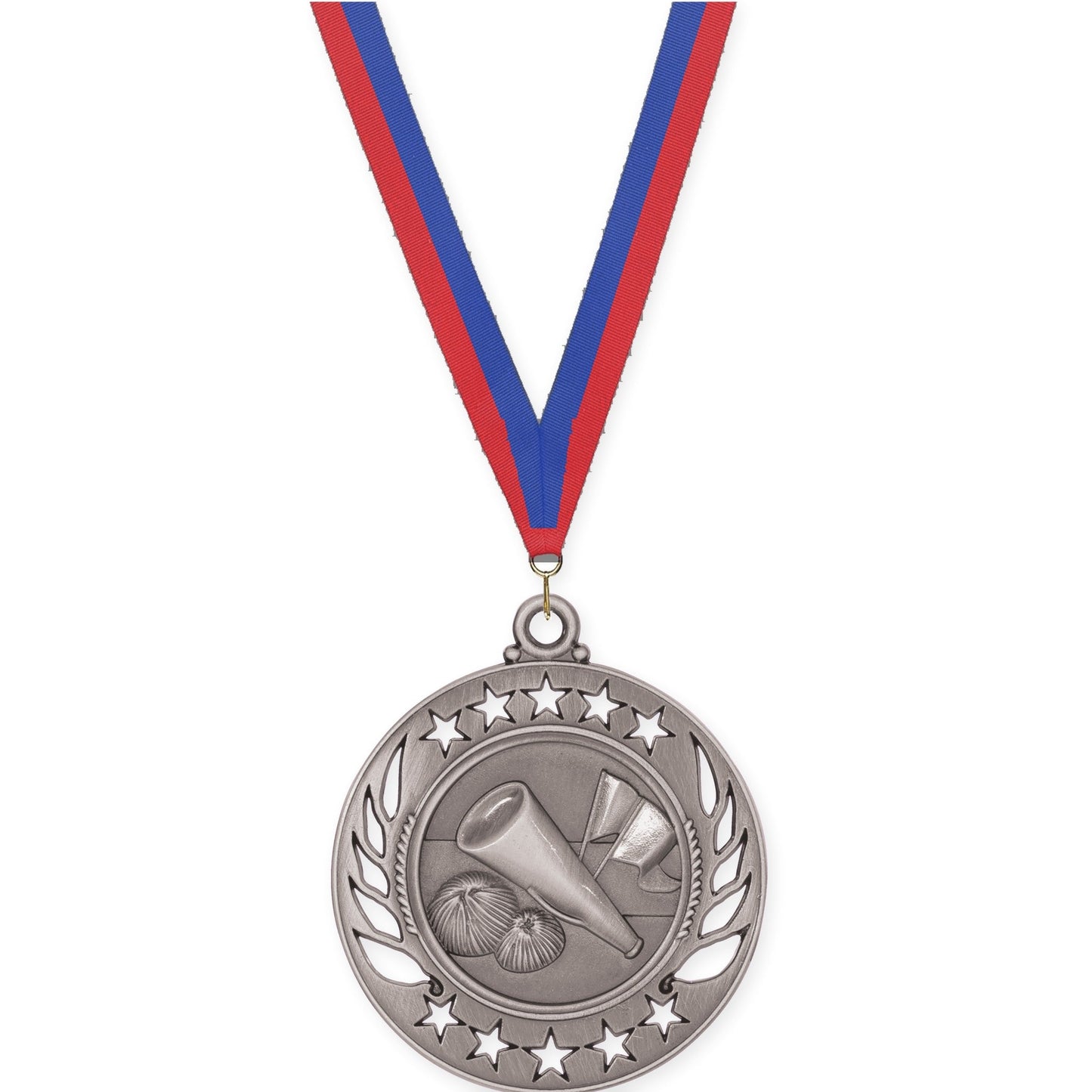2 1/4 inch cheerleading Galaxy medal in antique silver with Blue Red neck ribbon