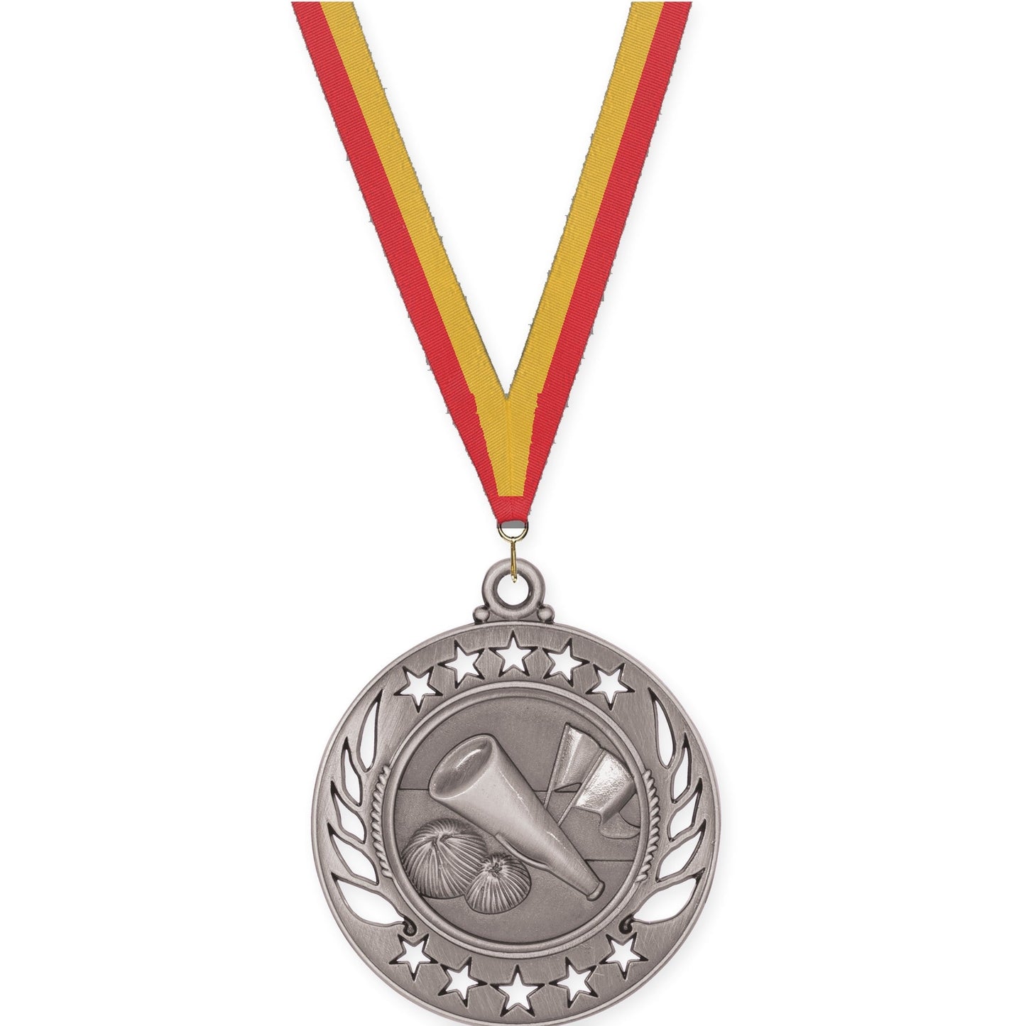 2 1/4 inch cheerleading Galaxy medal in antique silver with Red Gold neck ribbon