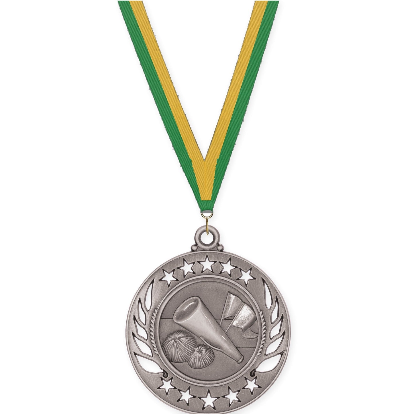 2 1/4 inch cheerleading Galaxy medal in antique silver with Green Gold neck ribbon
