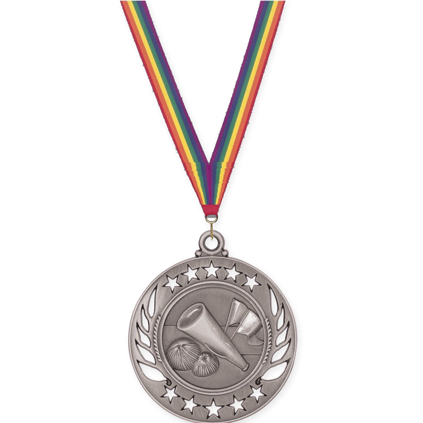 2 1/4 inch cheerleading Galaxy medal in antique silver with Rainbow neck ribbon