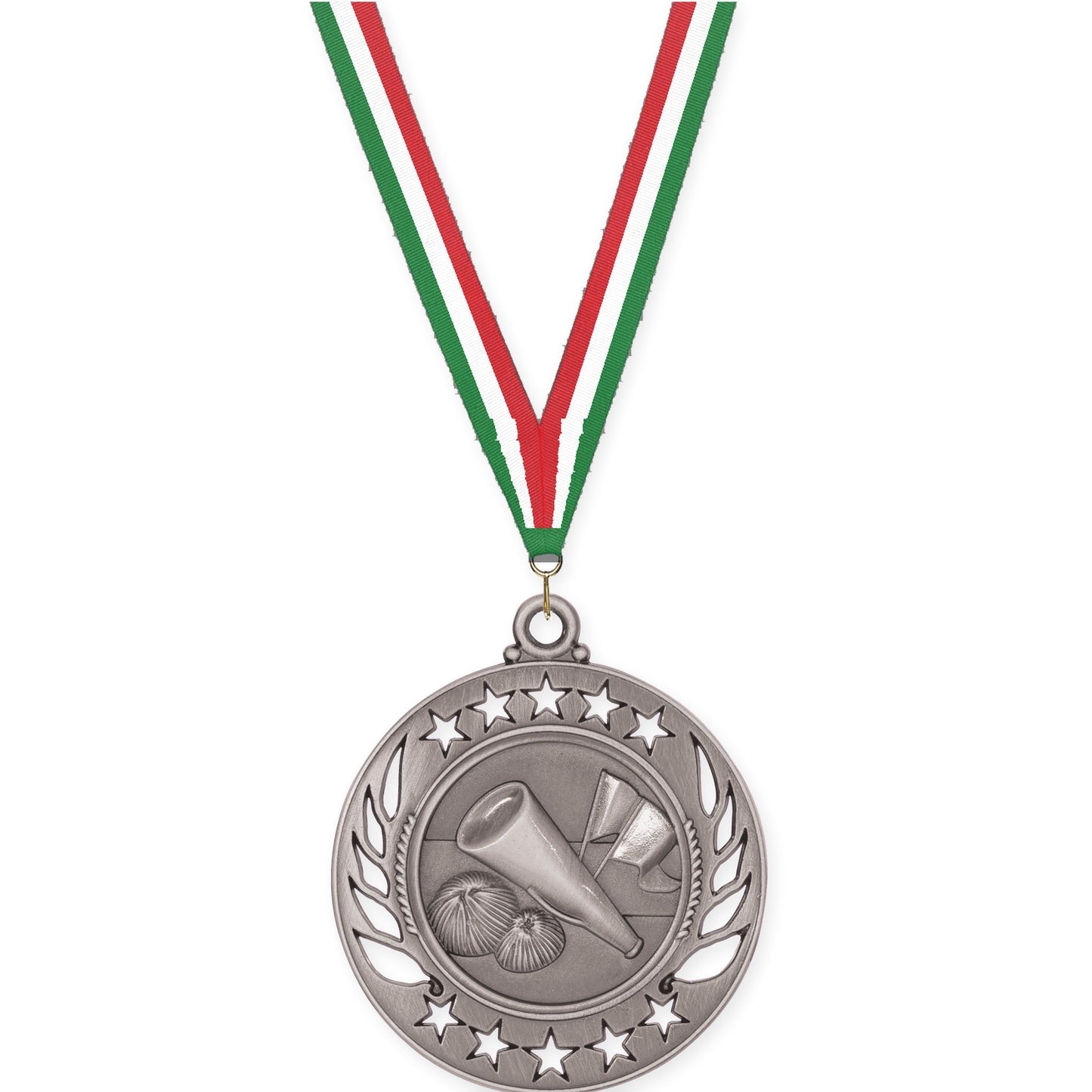 2 1/4 inch cheerleading Galaxy medal in antique silver with Green White Red neck ribbon