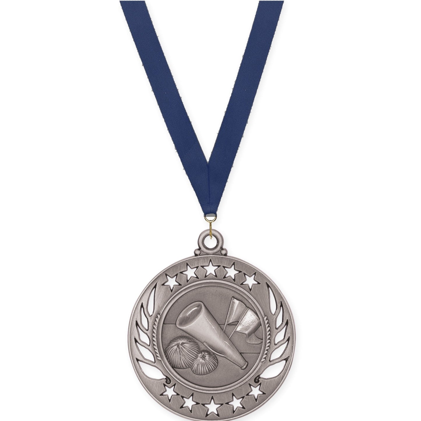 2 1/4 inch cheerleading Galaxy medal in antique silver with Navy neck ribbon