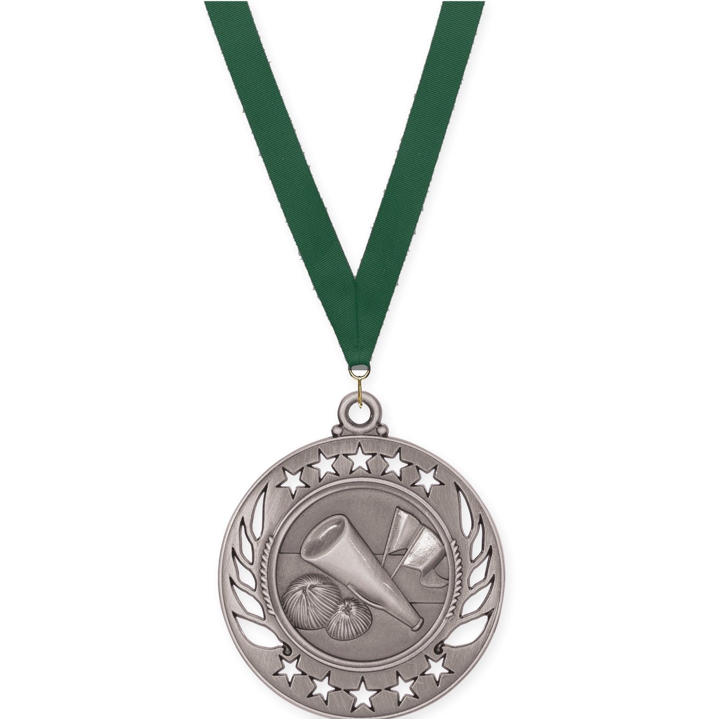 2 1/4 inch cheerleading Galaxy medal in antique silver with Hunter Green neck ribbon