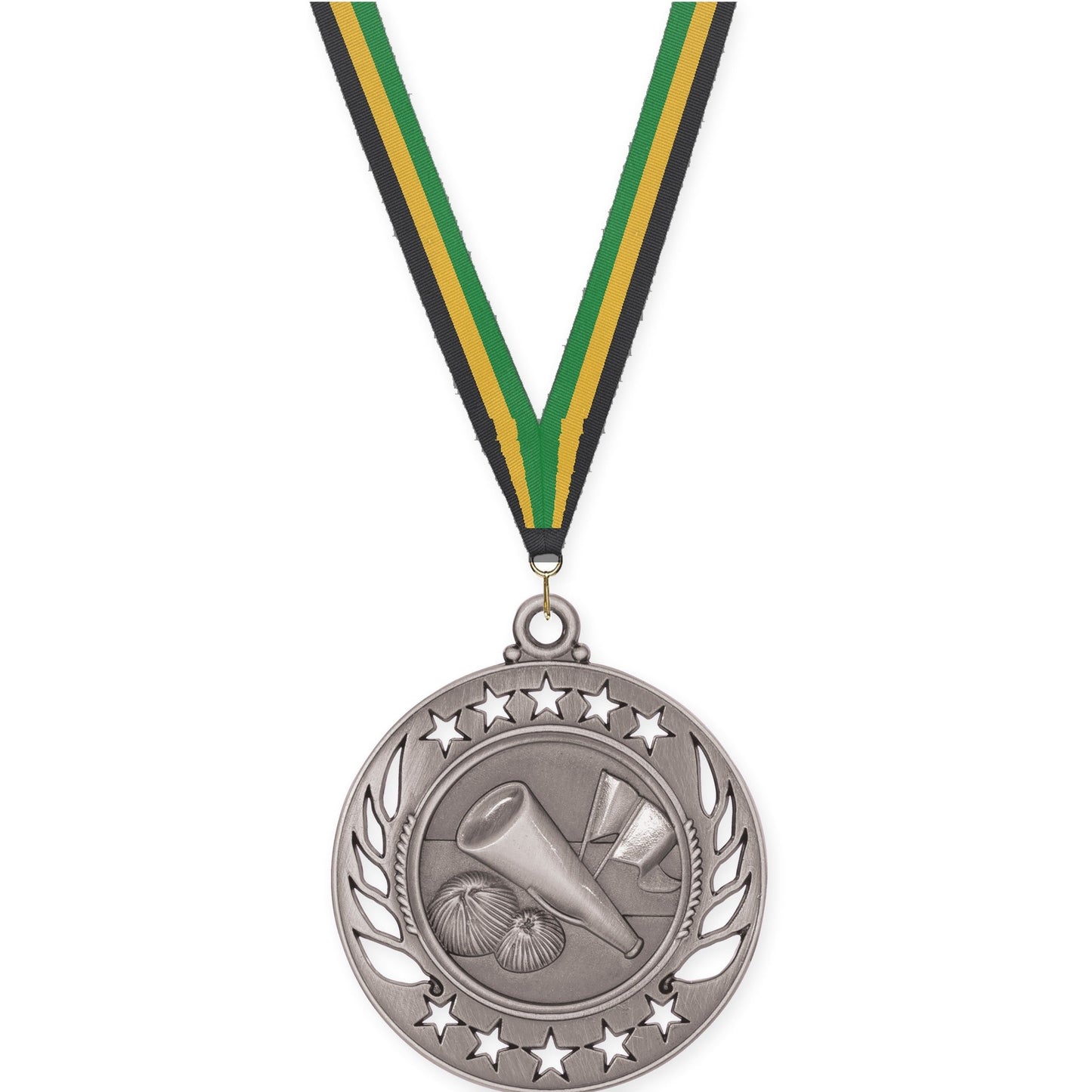 2 1/4 inch cheerleading Galaxy medal in antique silver with Black Gold Green neck ribbon