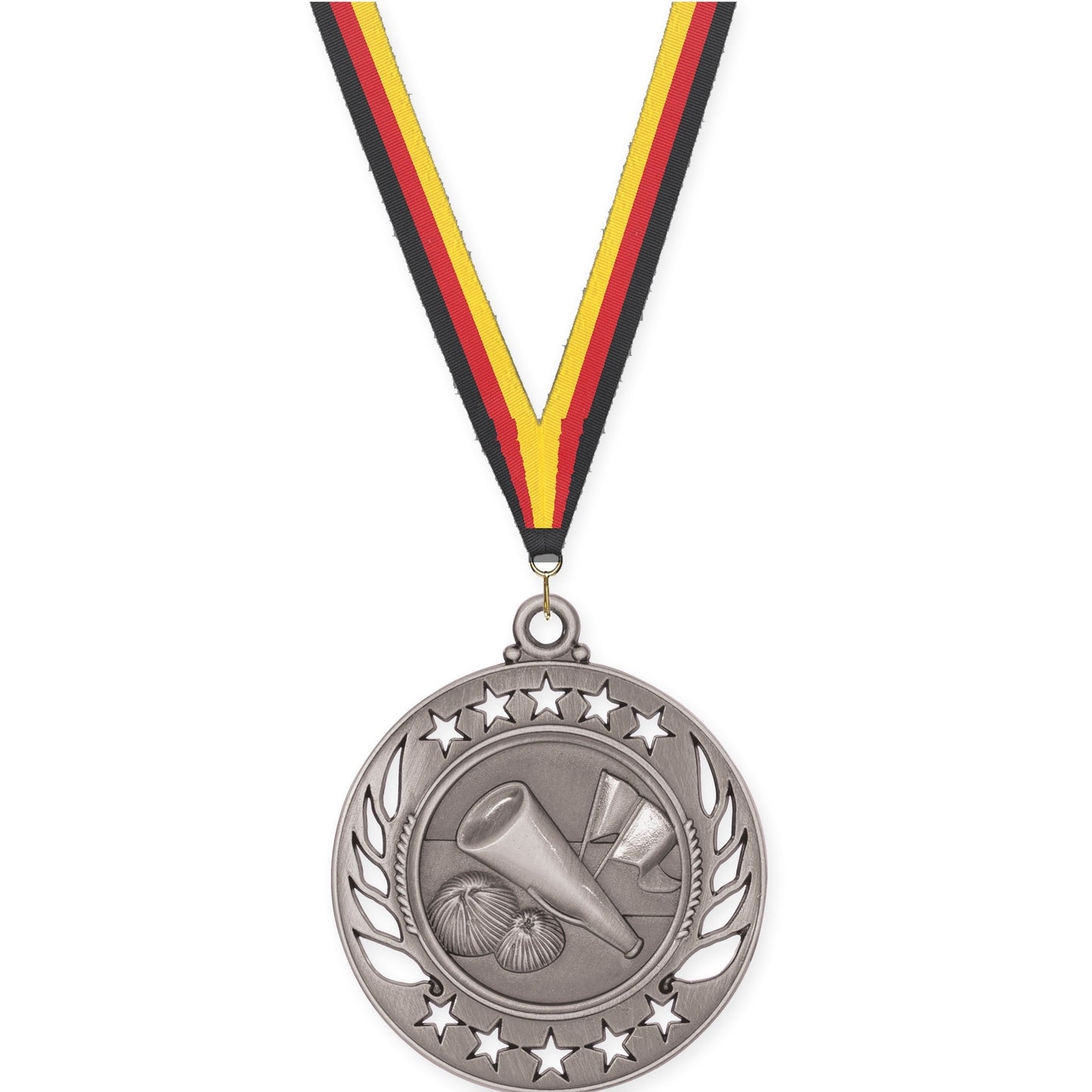 2 1/4 inch cheerleading Galaxy medal in antique silver with Black Red Yellow neck ribbon