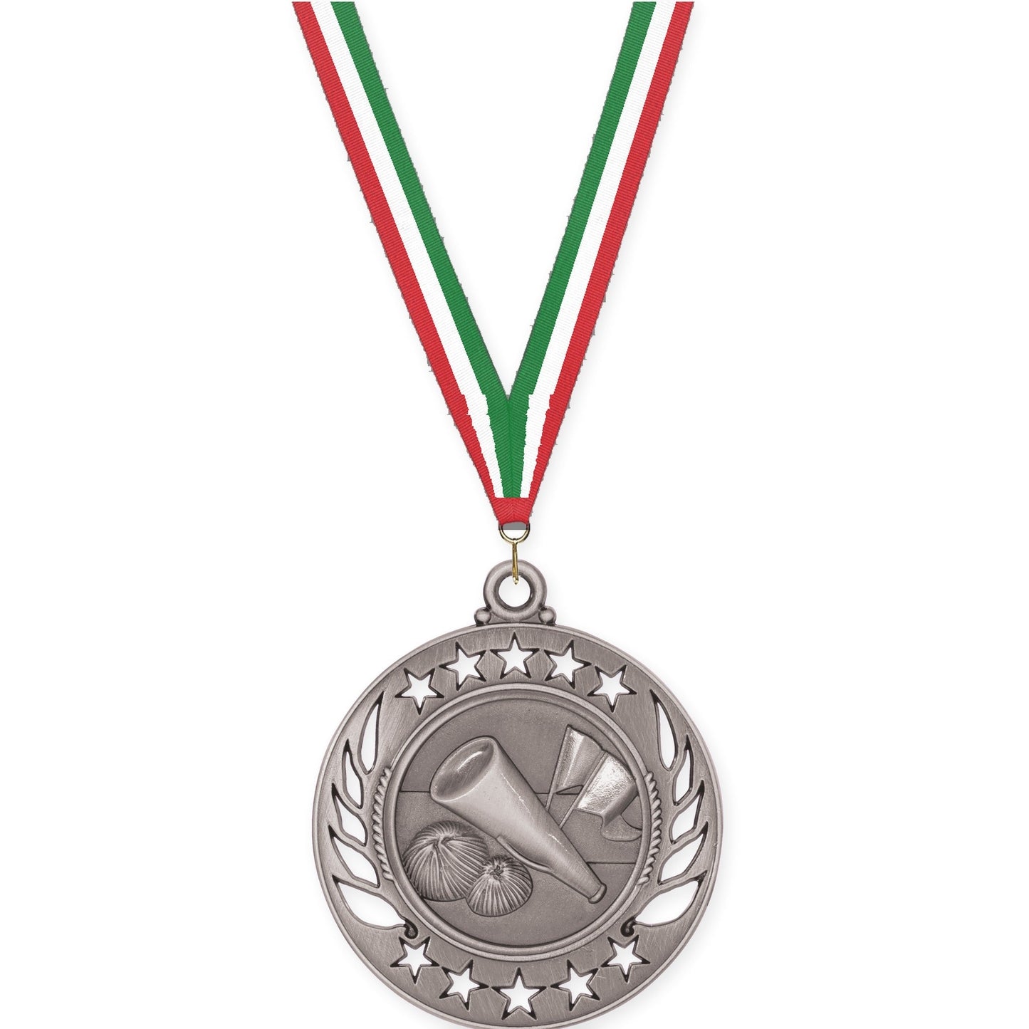 2 1/4 inch cheerleading Galaxy medal in antique silver with Red White Green neck ribbon