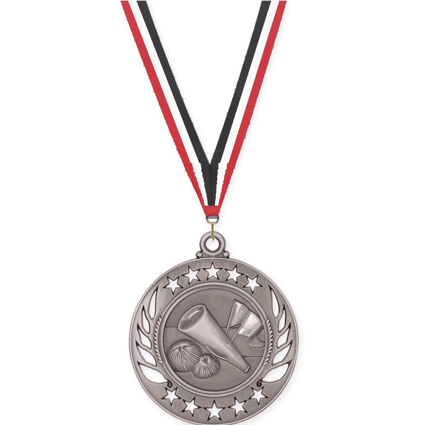 2 1/4 inch cheerleading Galaxy medal in antique silver with Red White Black neck ribbon