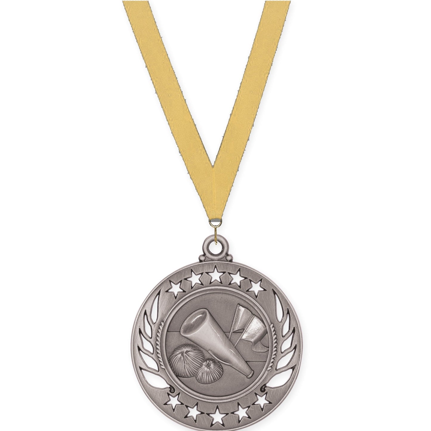 2 1/4 inch cheerleading Galaxy medal in antique silver with Gold Metallic neck ribbon