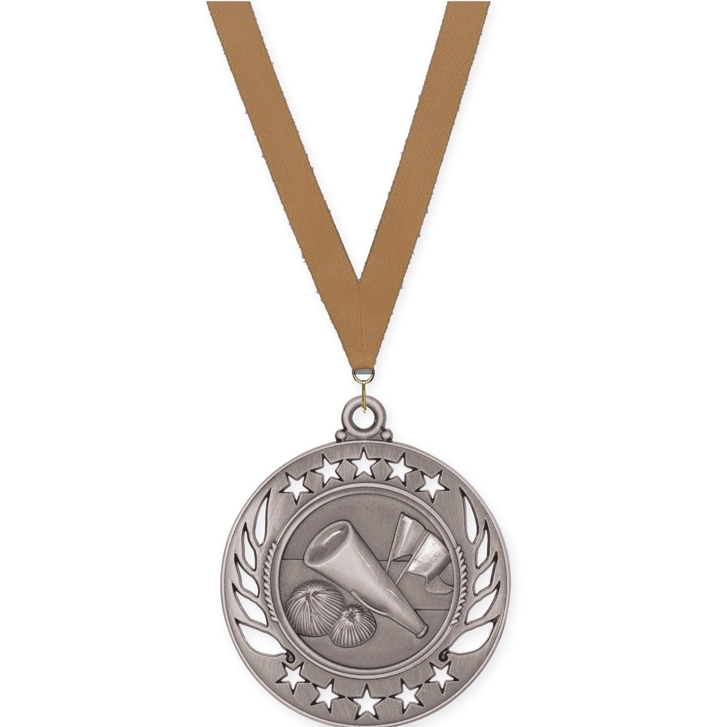 2 1/4 inch cheerleading Galaxy medal in antique silver with Bronze Metallic neck ribbon