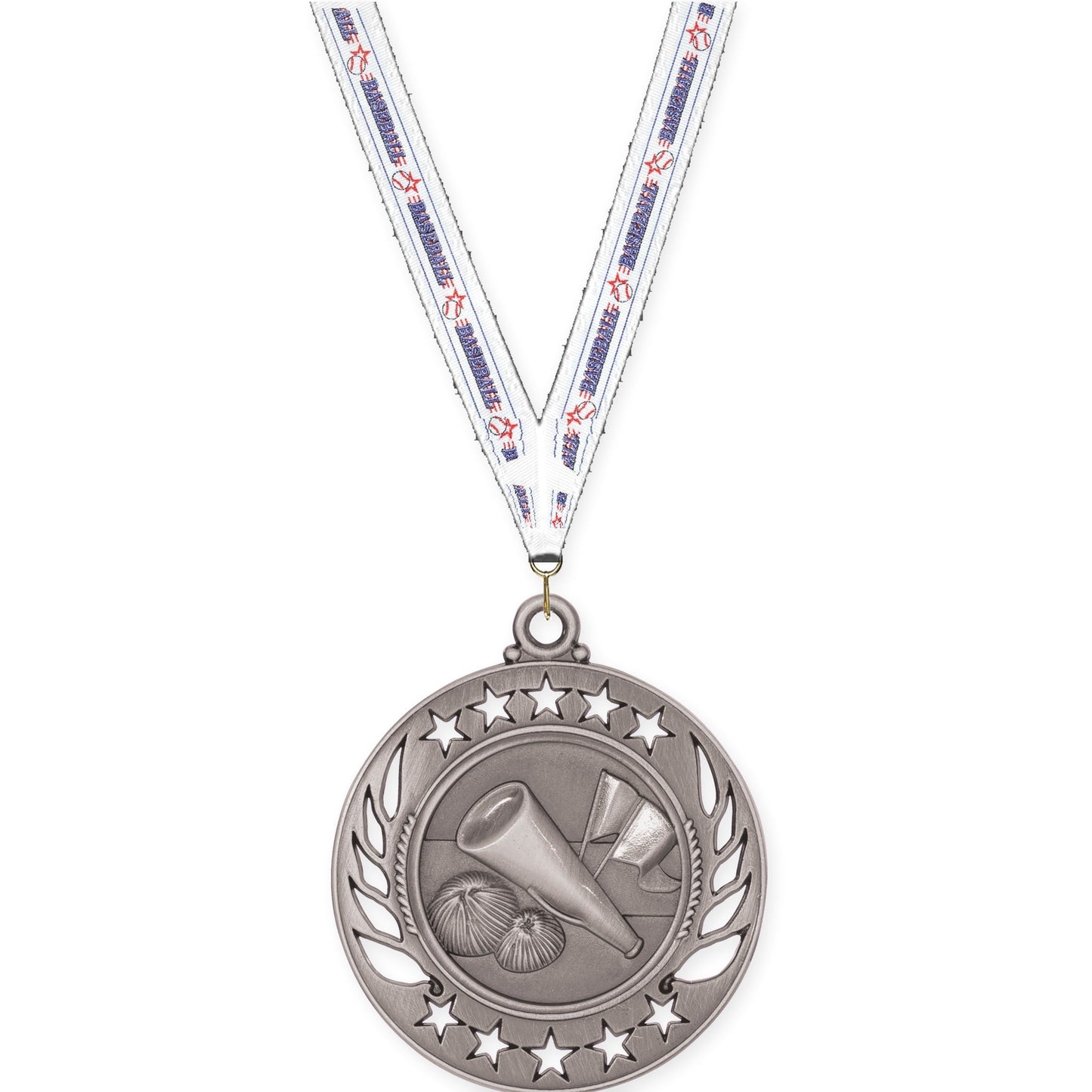 2 1/4 inch cheerleading Galaxy medal in antique silver with Baseball neck ribbon