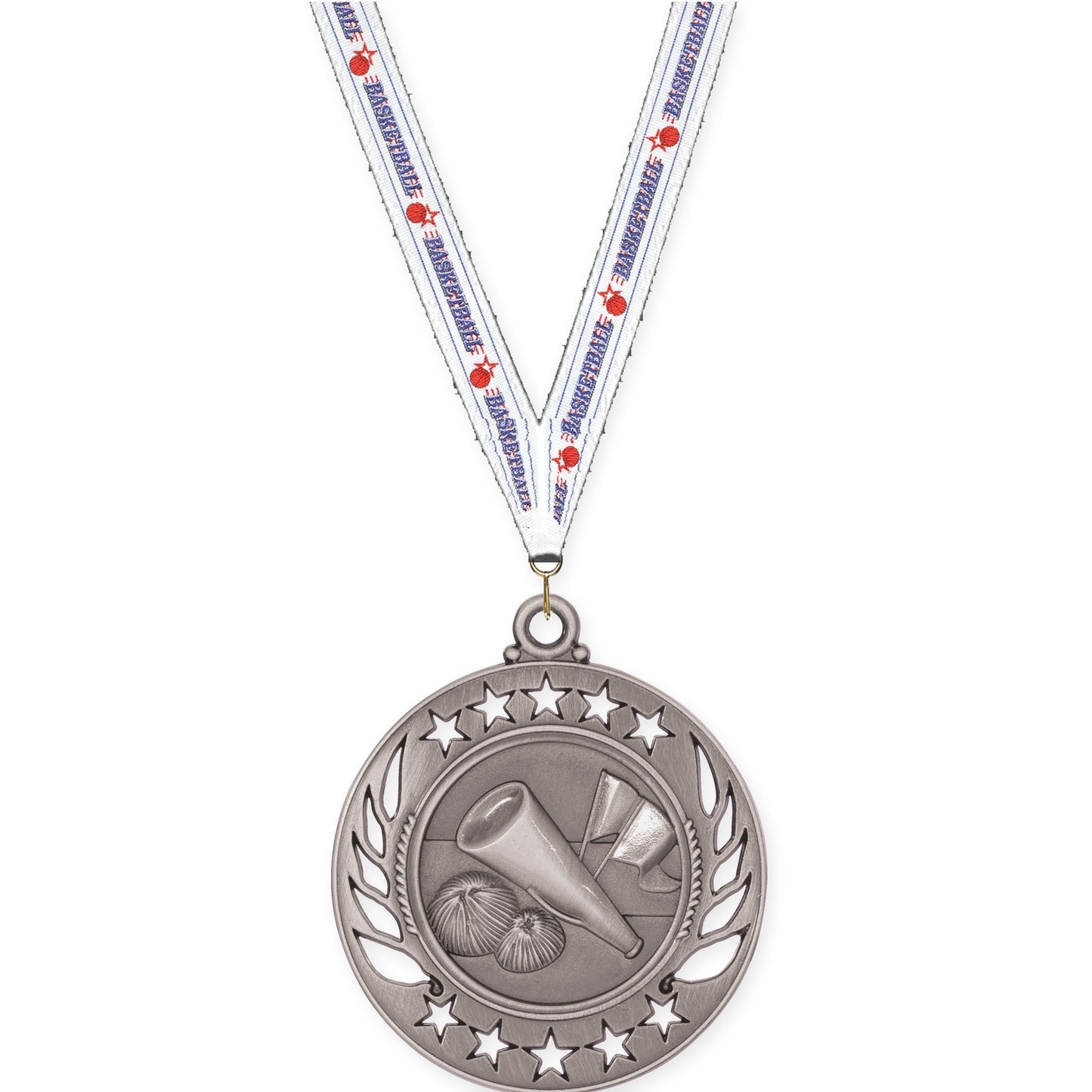2 1/4 inch cheerleading Galaxy medal in antique silver with Basketball neck ribbon