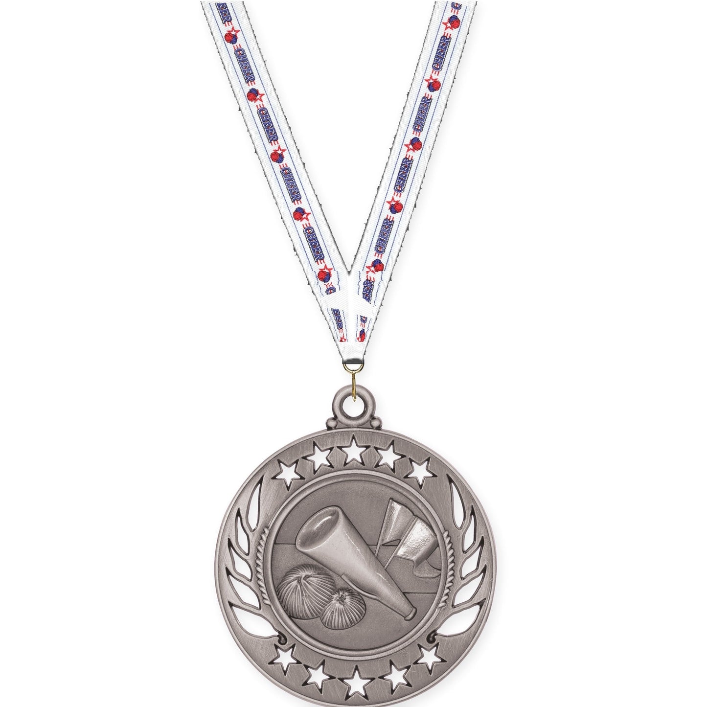 2 1/4 inch cheerleading Galaxy medal in antique silver with Cheerleading neck ribbon