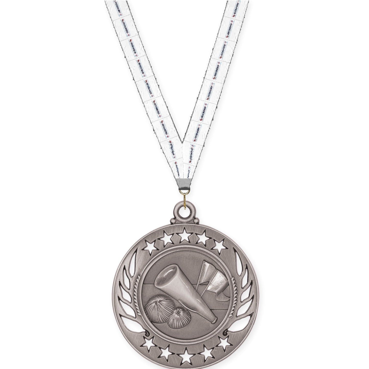 2 1/4 inch cheerleading Galaxy medal in antique silver with Gymnastics neck ribbon
