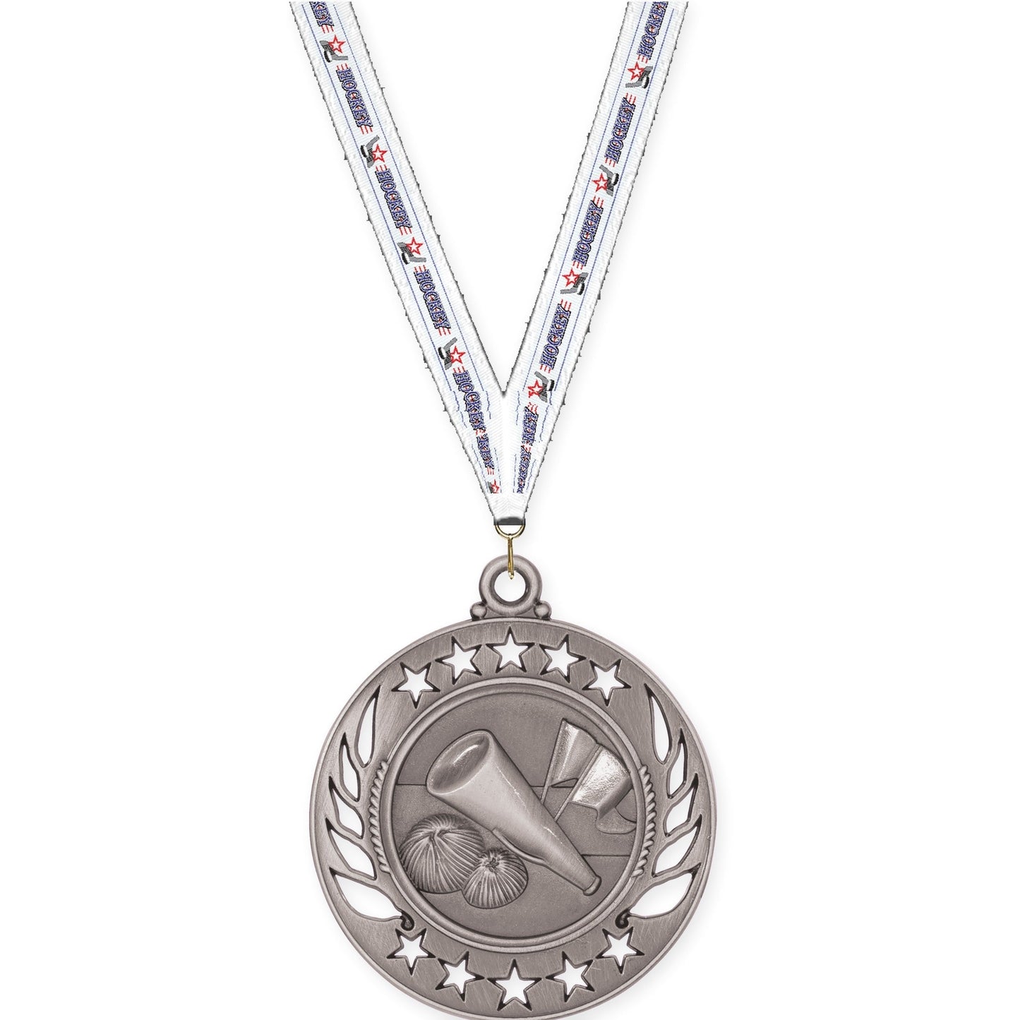 2 1/4 inch cheerleading Galaxy medal in antique silver with Hockey neck ribbon