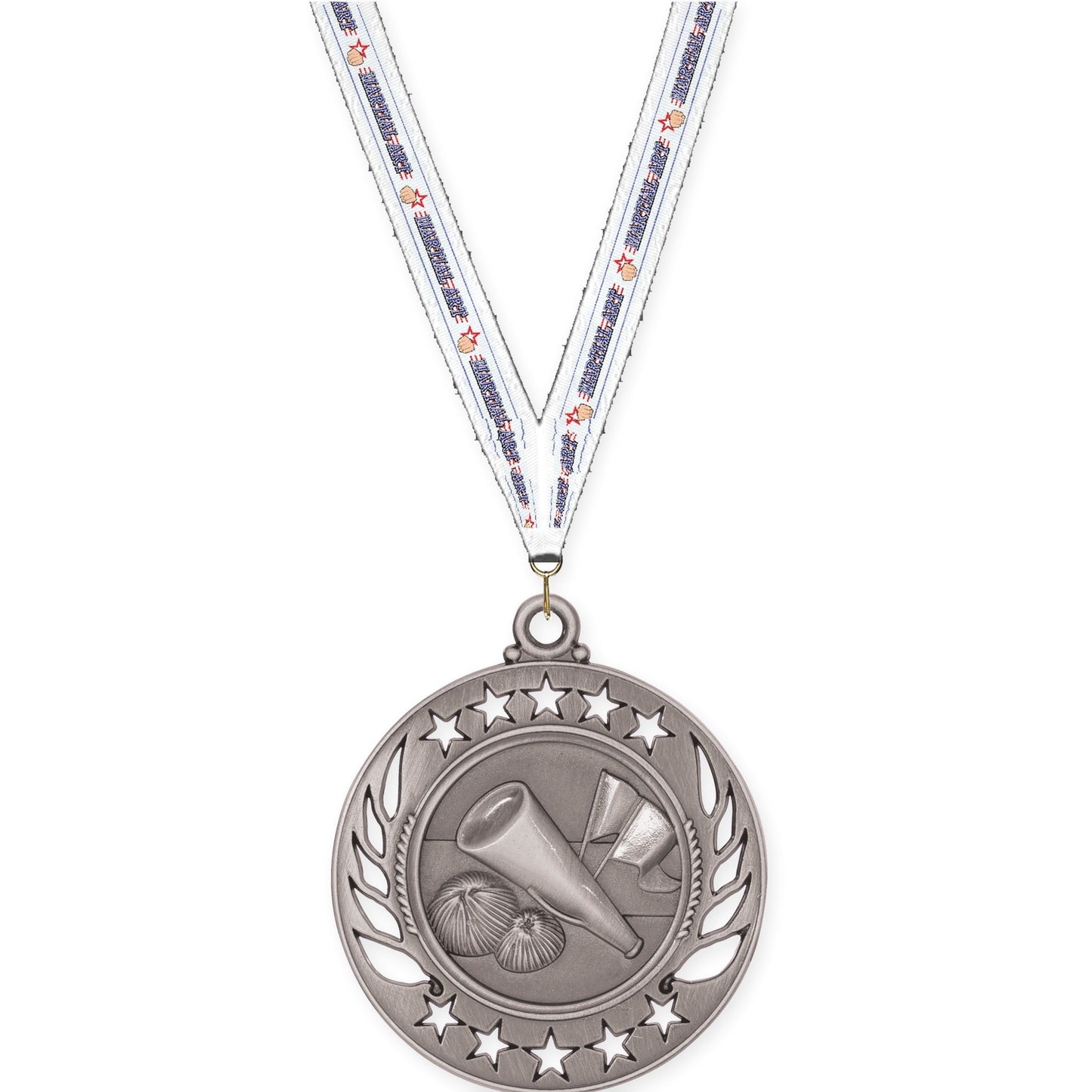 2 1/4 inch cheerleading Galaxy medal in antique silver with Martial Arts neck ribbon