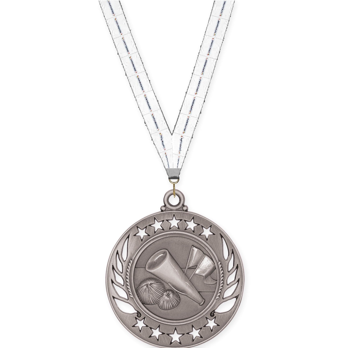 2 1/4 inch cheerleading Galaxy medal in antique silver with Lamp Of Knowledge neck ribbon