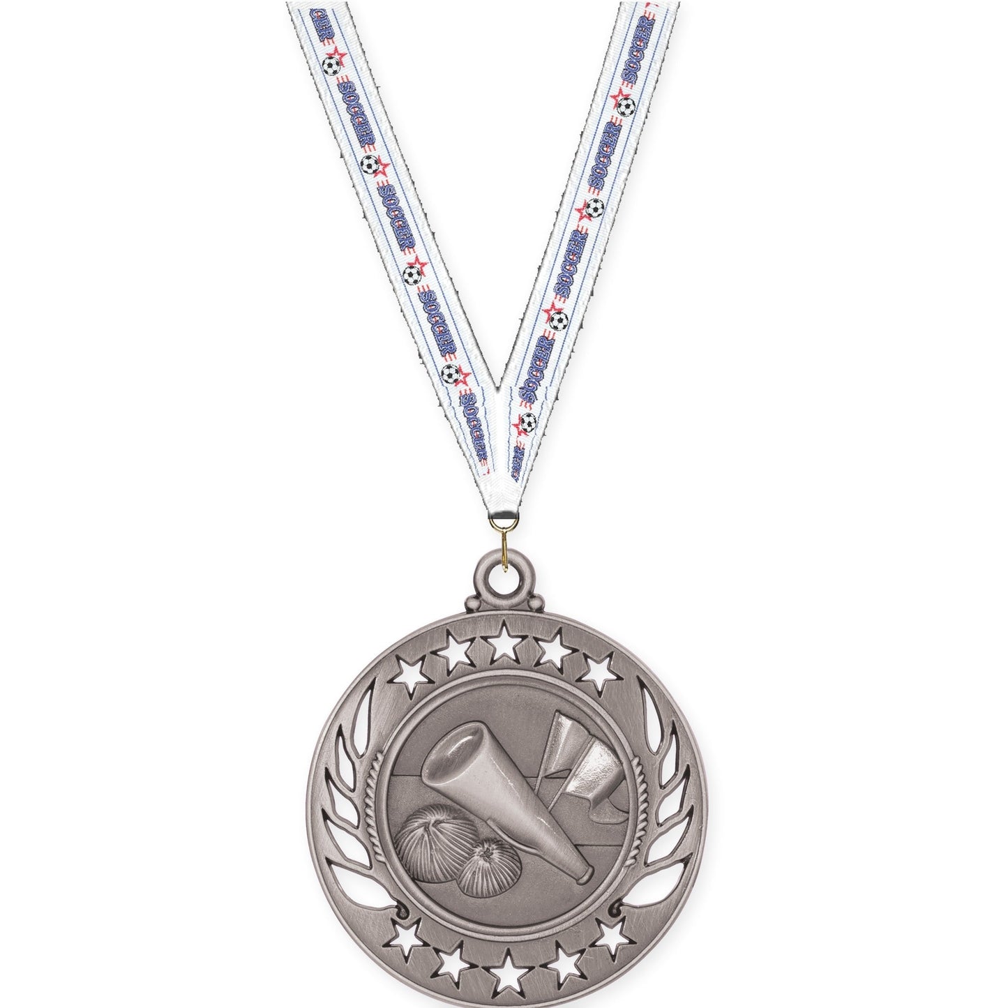 2 1/4 inch cheerleading Galaxy medal in antique silver with Soccer neck ribbon