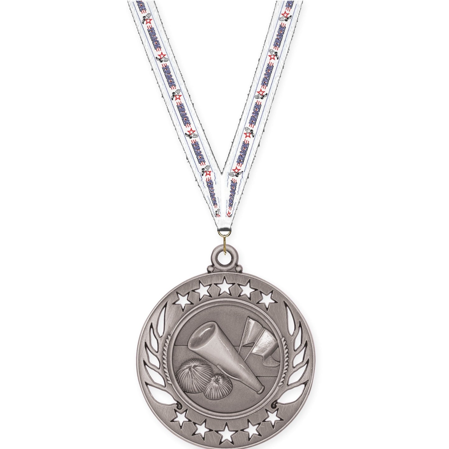 2 1/4 inch cheerleading Galaxy medal in antique silver with Track neck ribbon