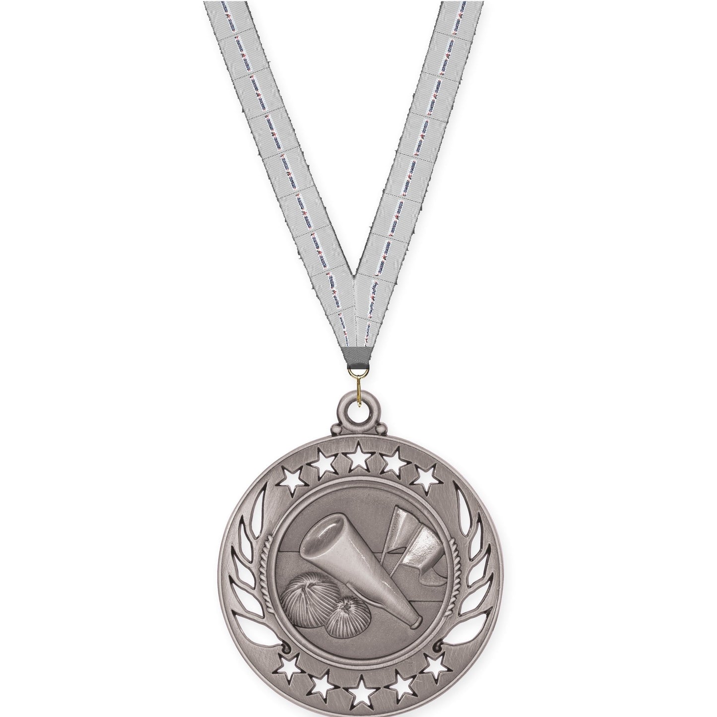 2 1/4 inch cheerleading Galaxy medal in antique silver with Auto Racing neck ribbon