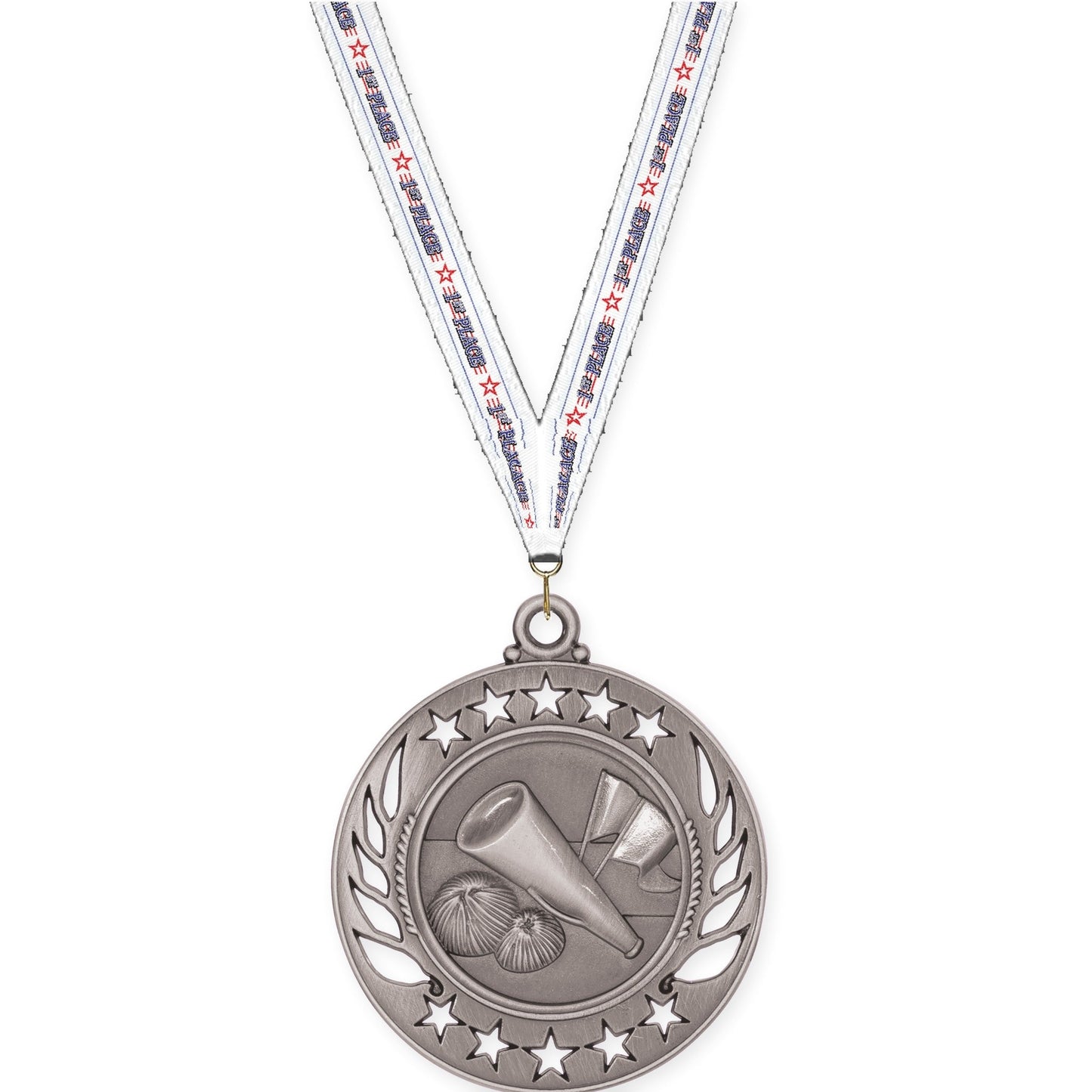 2 1/4 inch cheerleading Galaxy medal in antique silver with 1st Place neck ribbon