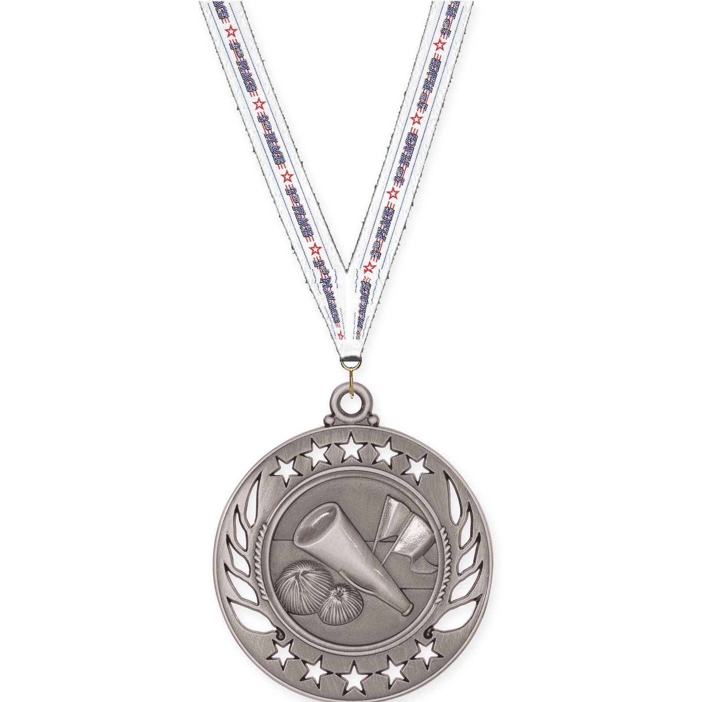 2 1/4 inch cheerleading Galaxy medal in antique silver with 2nd Place neck ribbon