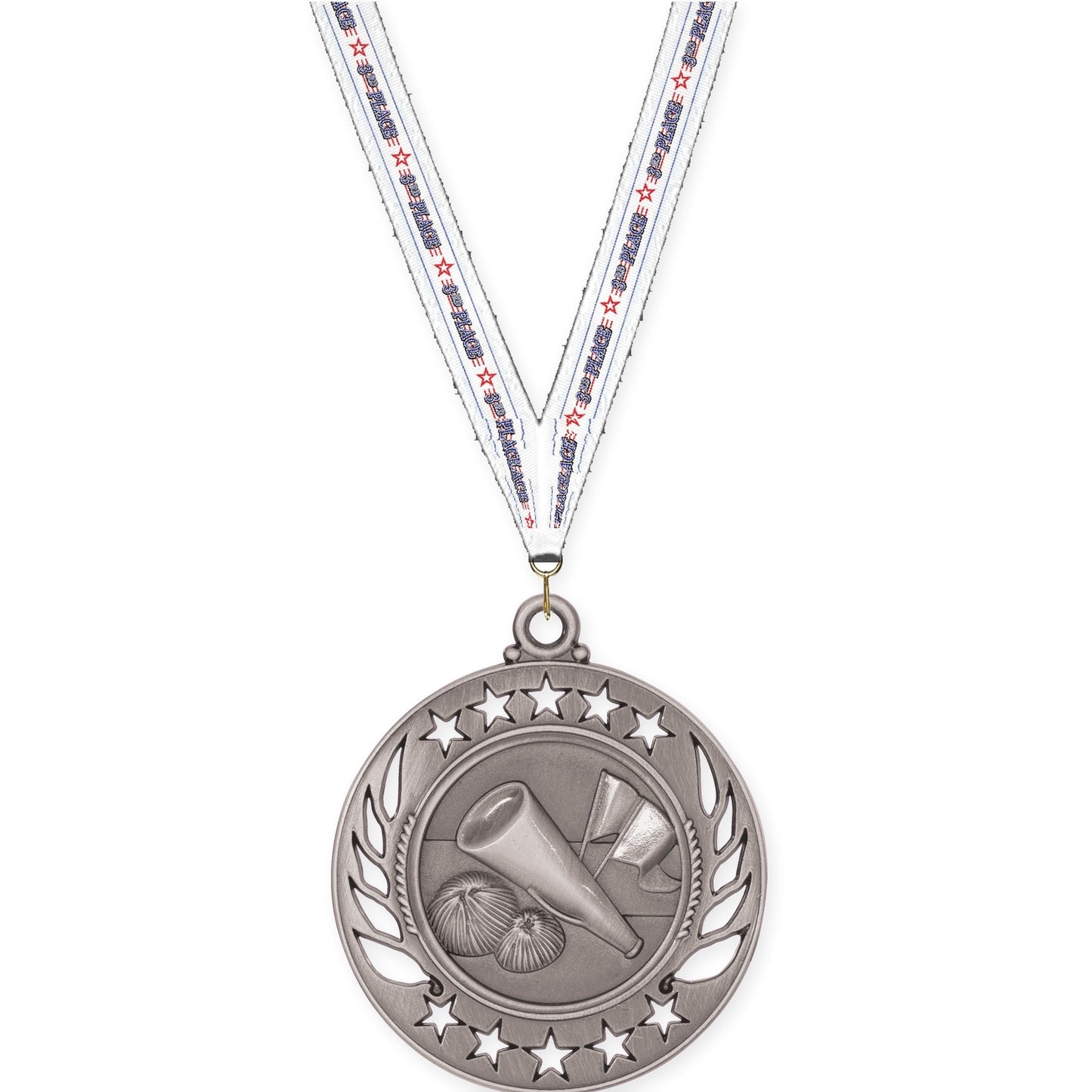 2 1/4 inch cheerleading Galaxy medal in antique silver with 3rd Place neck ribbon