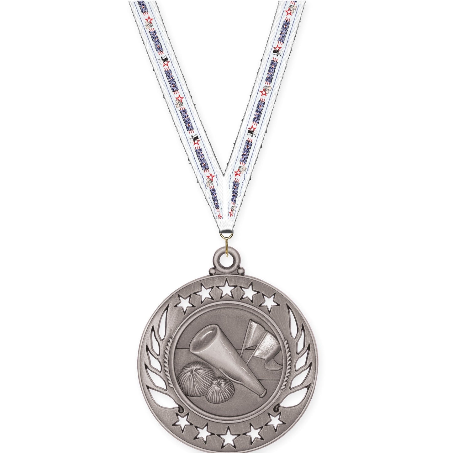 2 1/4 inch cheerleading Galaxy medal in antique silver with Dance neck ribbon
