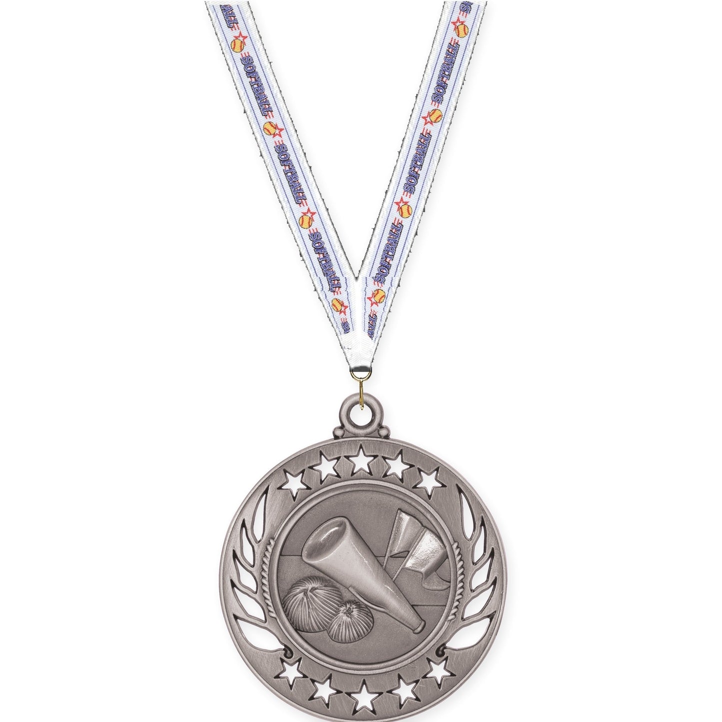 2 1/4 inch cheerleading Galaxy medal in antique silver with Softball neck ribbon