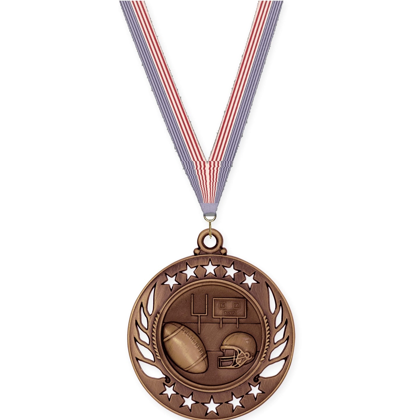 2 1/4 inch football Galaxy medal in antique bronze with USA Flag neck ribbon
