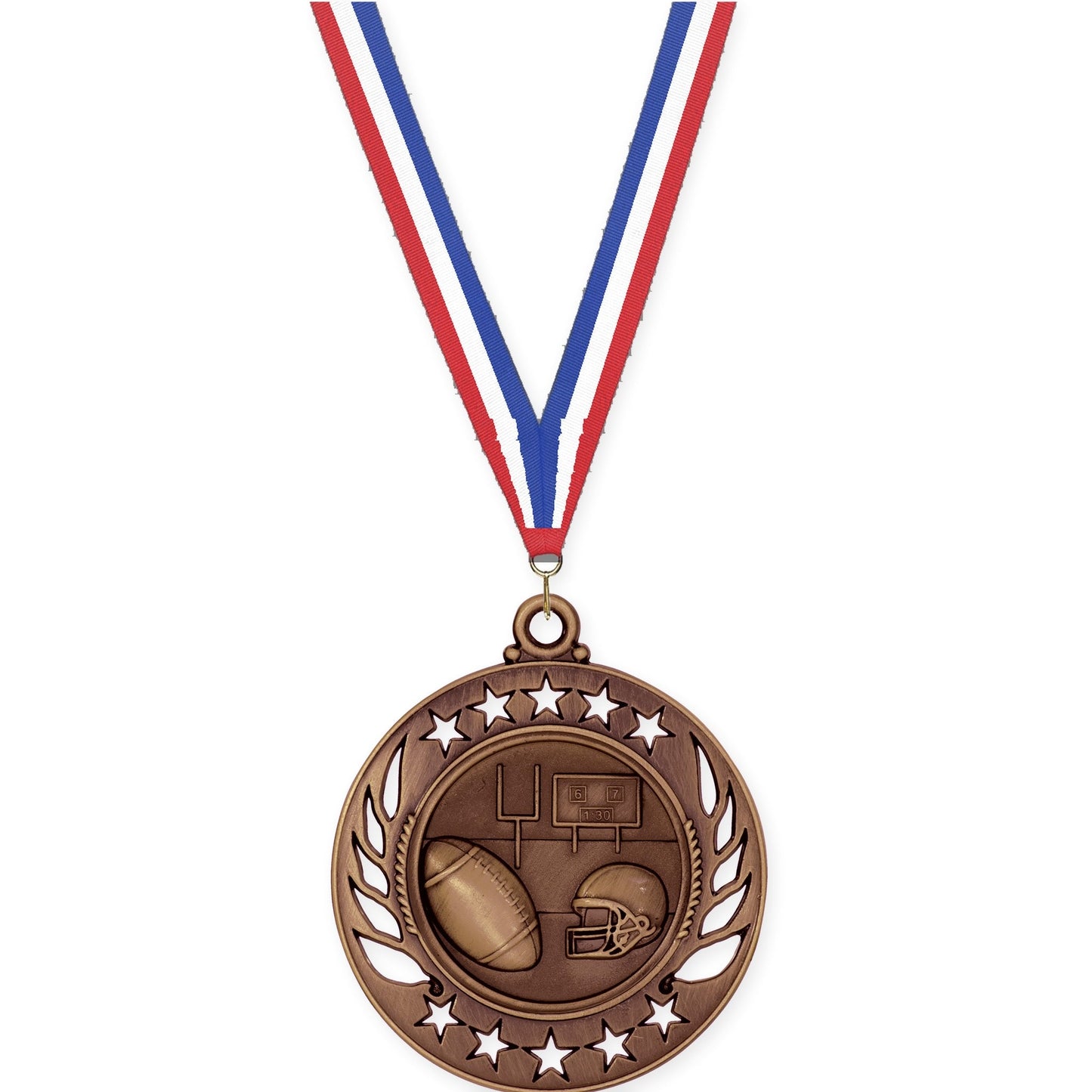 2 1/4 inch football Galaxy medal in antique bronze with Red White Blue neck ribbon