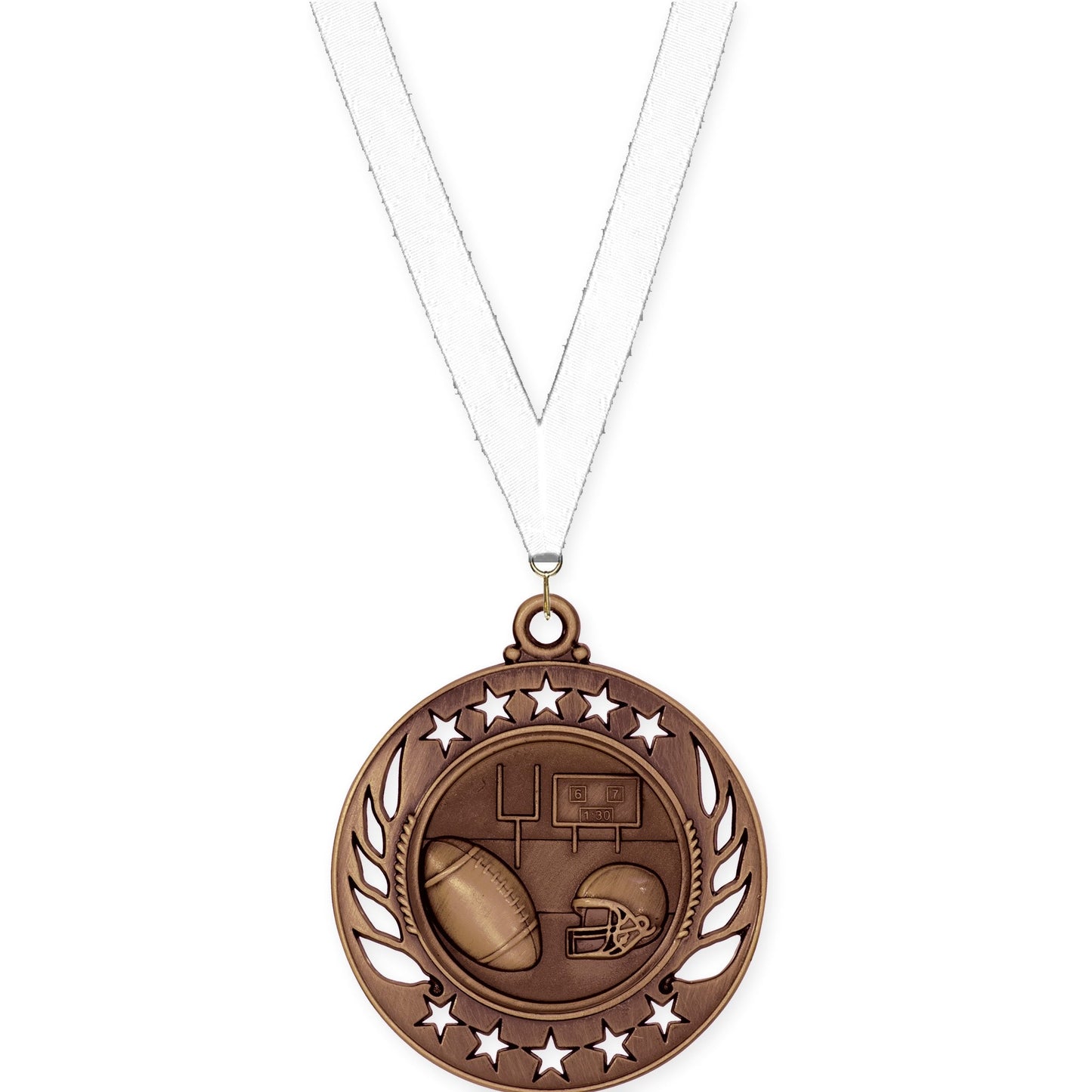 2 1/4 inch football Galaxy medal in antique bronze with White neck ribbon