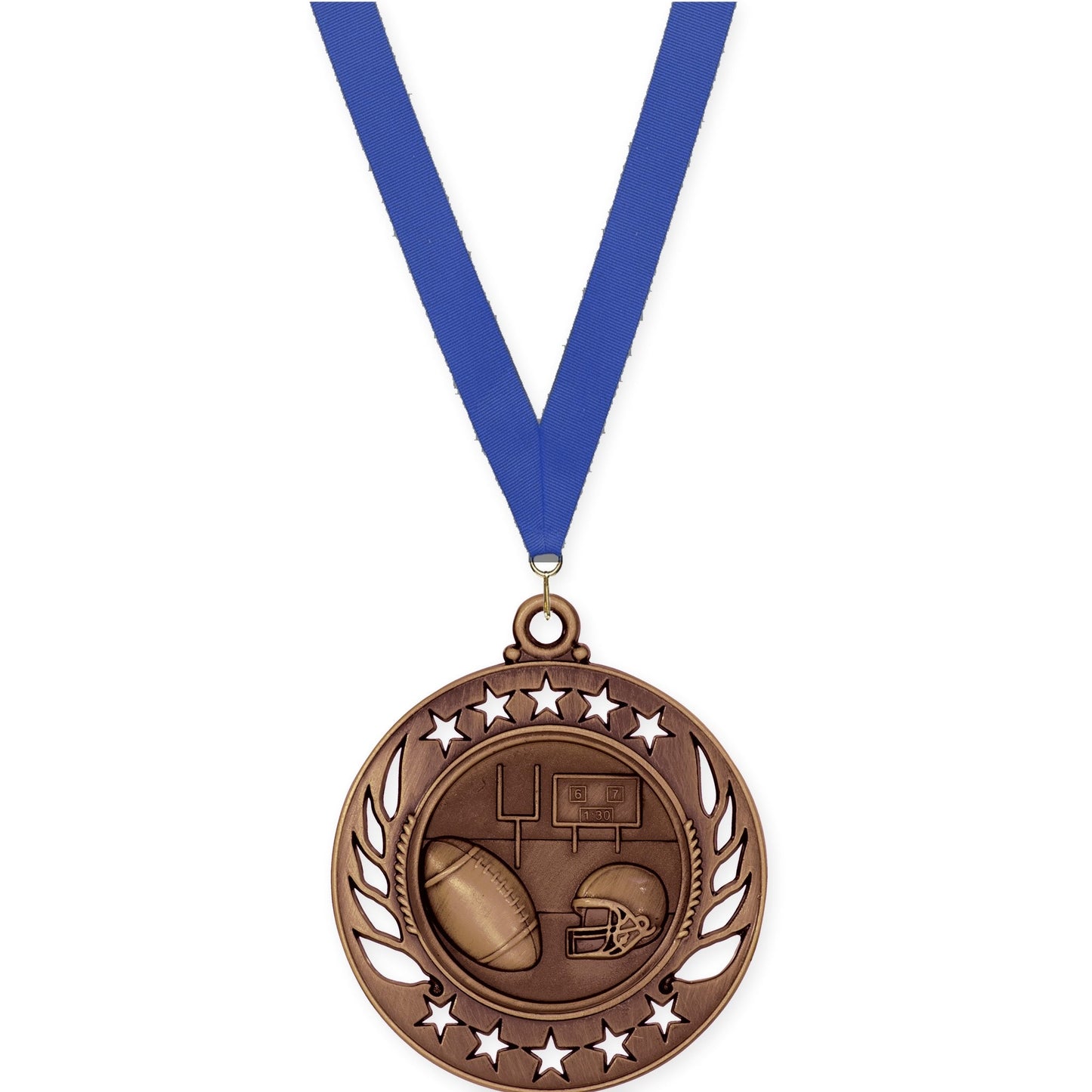 2 1/4 inch football Galaxy medal in antique bronze with Blue neck ribbon