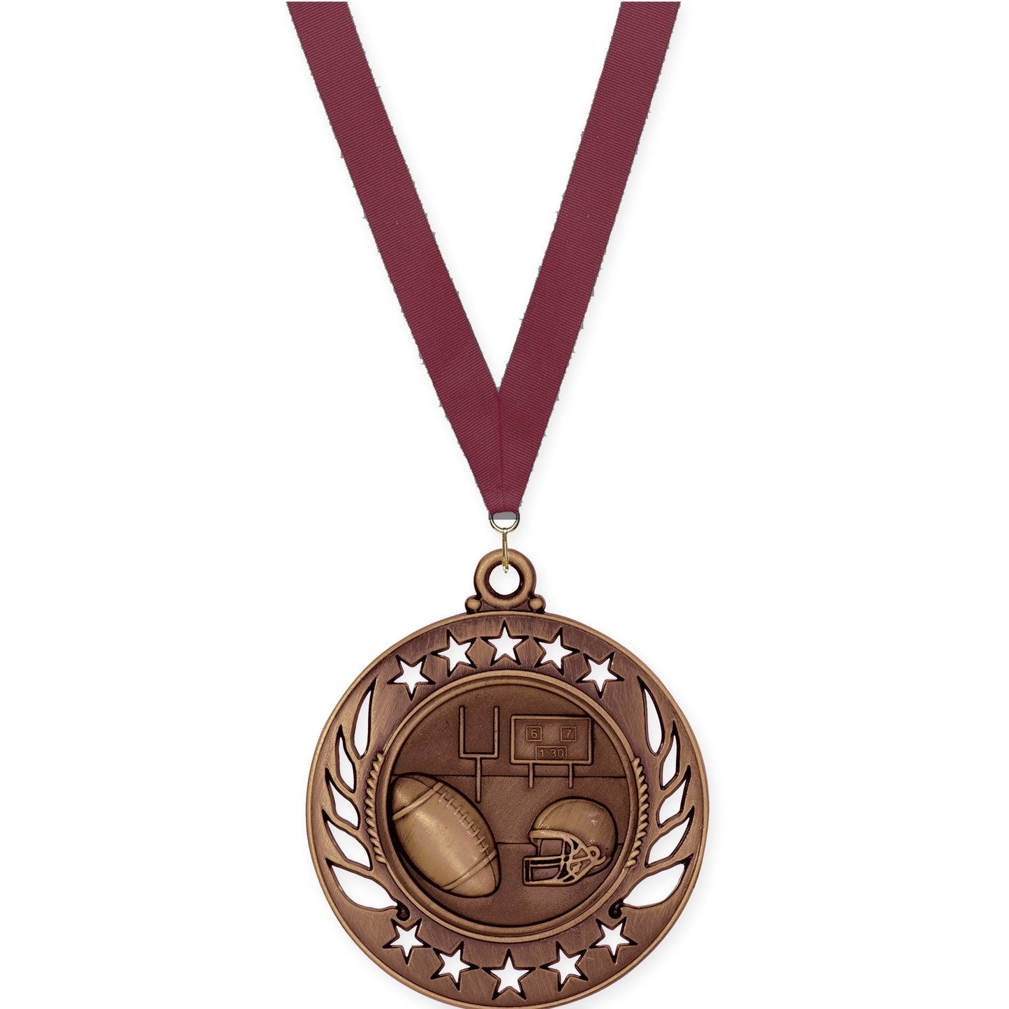 2 1/4 inch football Galaxy medal in antique bronze with Maroon neck ribbon