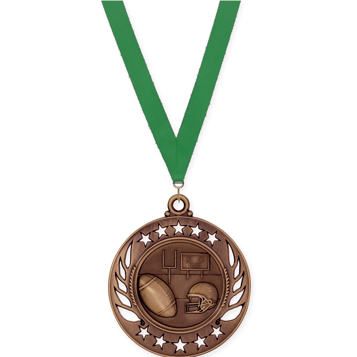 2 1/4 inch football Galaxy medal in antique bronze with Green neck ribbon