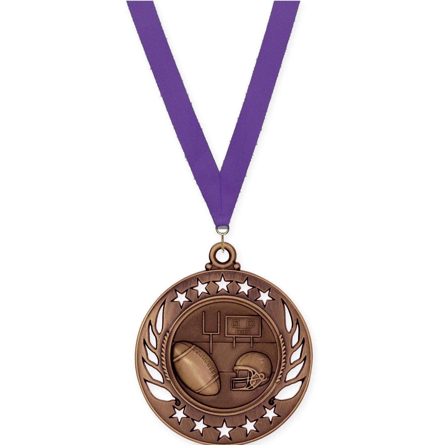 2 1/4 inch football Galaxy medal in antique bronze with Purple neck ribbon