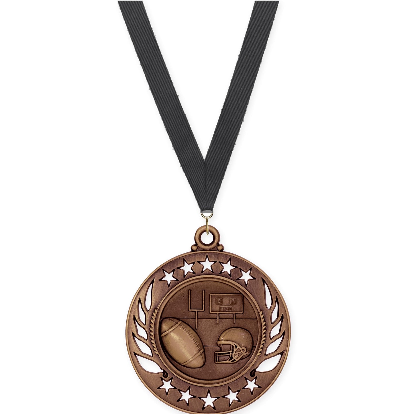 2 1/4 inch football Galaxy medal in antique bronze with Black neck ribbon