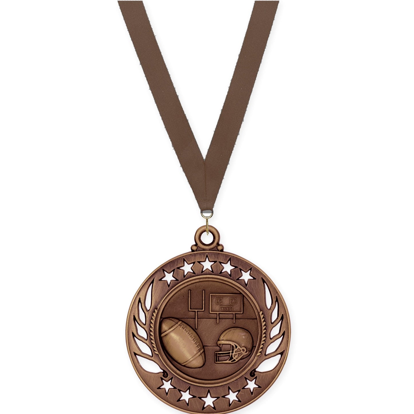 2 1/4 inch football Galaxy medal in antique bronze with Brown neck ribbon