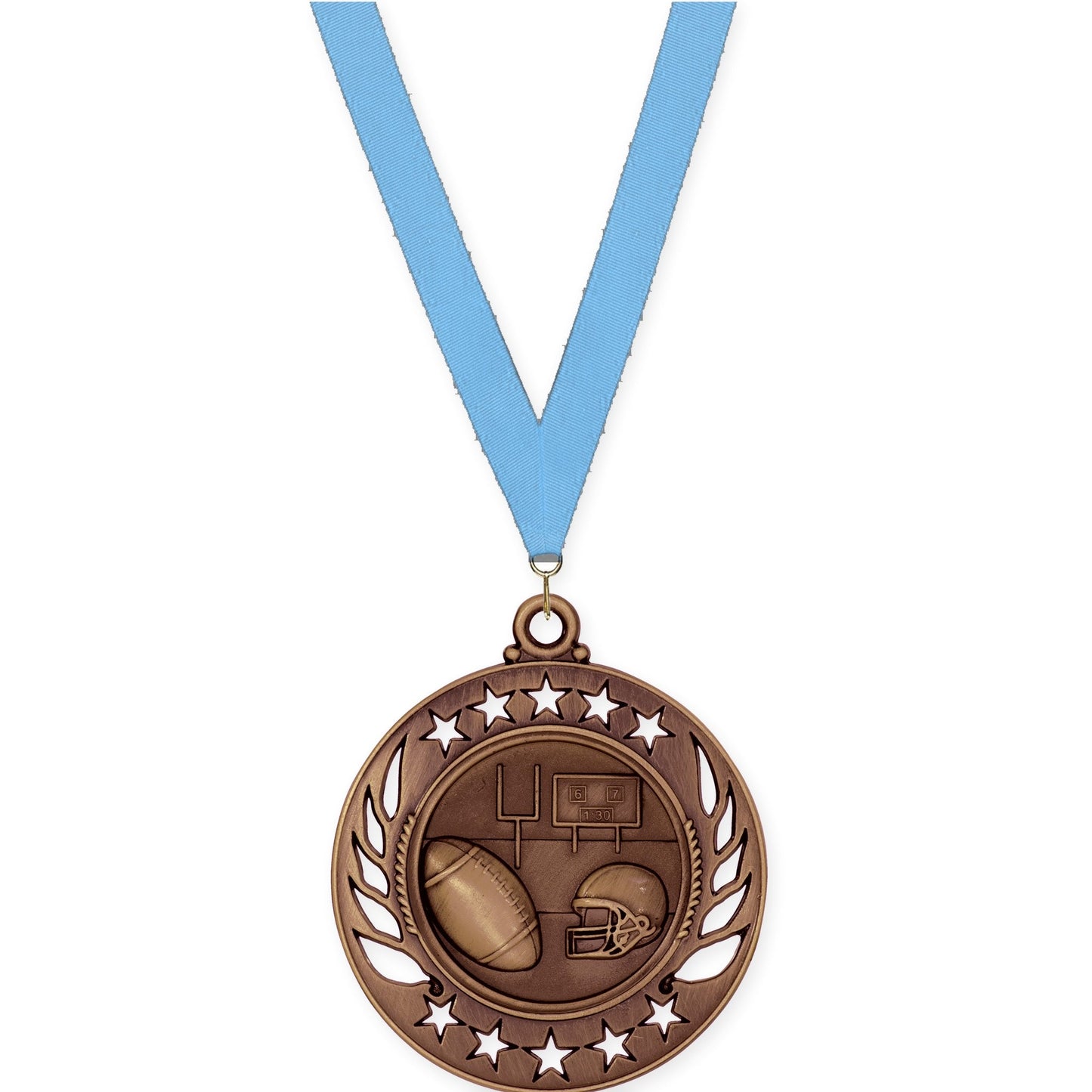 2 1/4 inch football Galaxy medal in antique bronze with Light Blue neck ribbon