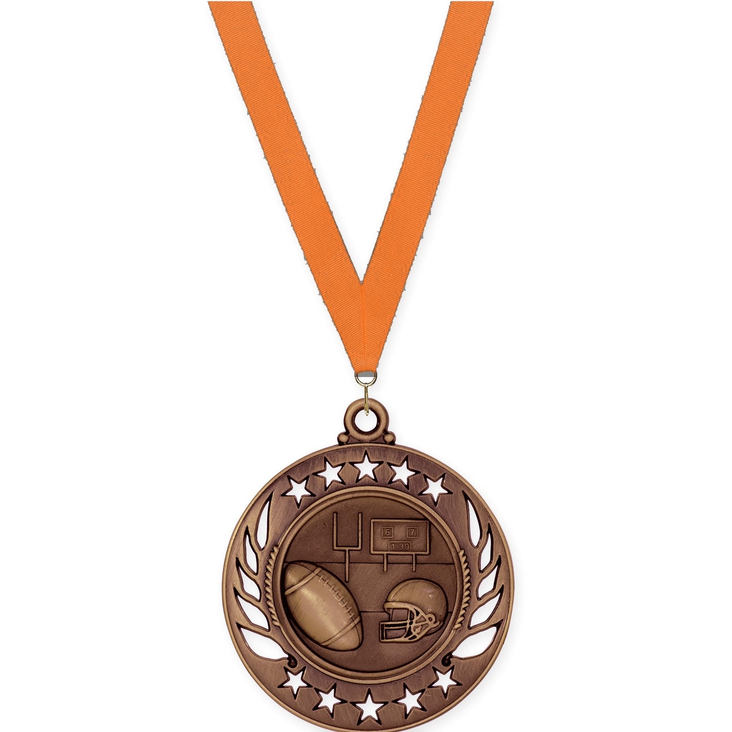 2 1/4 inch football Galaxy medal in antique bronze with Orange neck ribbon
