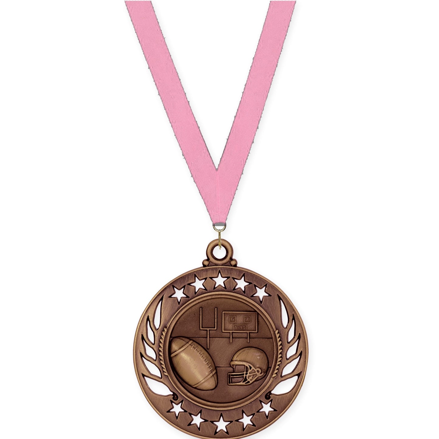 2 1/4 inch football Galaxy medal in antique bronze with Pink neck ribbon