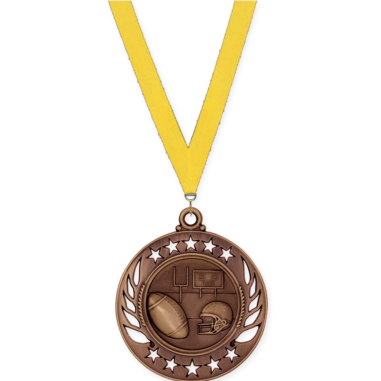 2 1/4 inch football Galaxy medal in antique bronze with Yellow neck ribbon