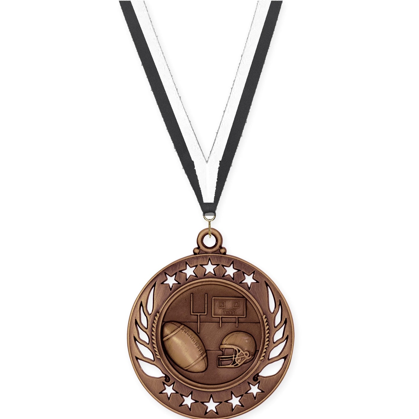 2 1/4 inch football Galaxy medal in antique bronze with Black White neck ribbon