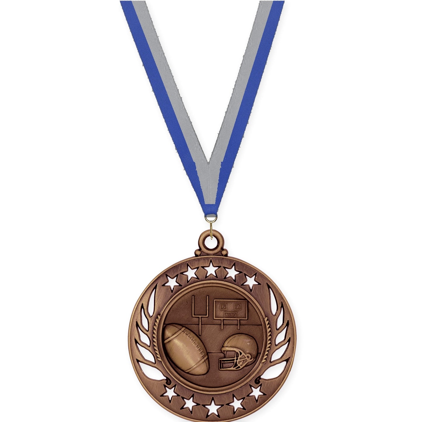 2 1/4 inch football Galaxy medal in antique bronze with Blue Gray neck ribbon