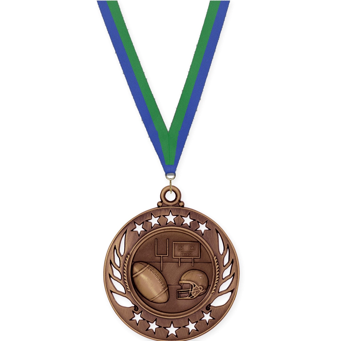 2 1/4 inch football Galaxy medal in antique bronze with Blue Green neck ribbon